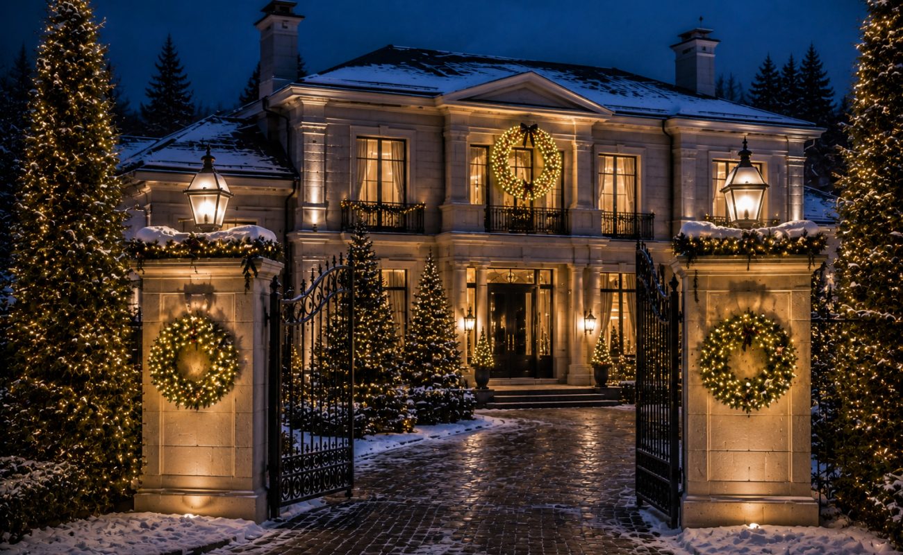 Новогоднее оформление домов в коттеджном поселке Ренессанс Парк под ключ. Индивидуальные проекты, оформление фасада, участка и интерьера, архитектурная подсветка элитных домов.